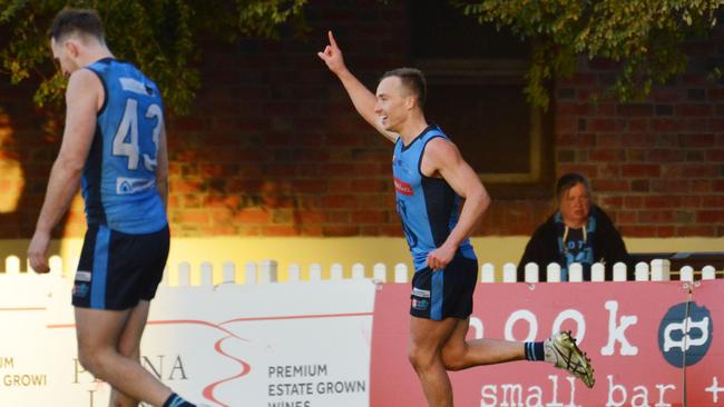 Sturt's Mark Evans reckons his goal was No. 1, but I’m not sure Aidan Riley agrees. Picture: Brenton Edwards/AAP