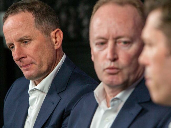 Don Pyke, during the press conference at AFC’s West Lakes headquarters announcing his resignation as Crows coach, as club chairman Rob Chapman and CEO Andrew Fagan answer questions. Picture: AAP/Emma Brasier