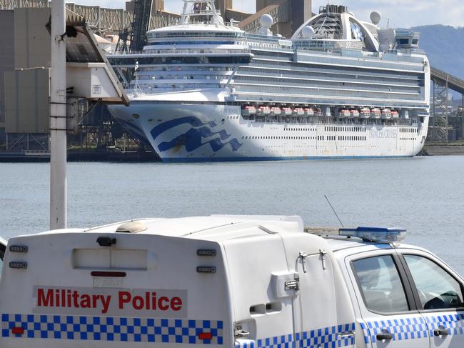 ADF military police in front of the Ruby Princess at Port Kembla. Picture: AAP.