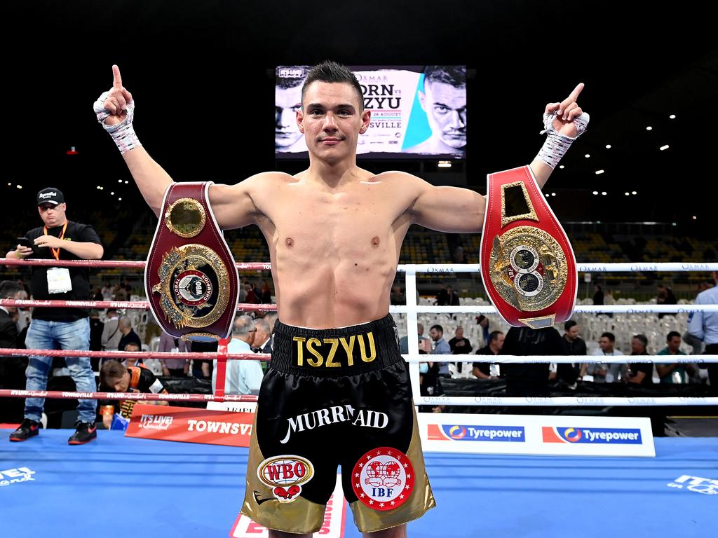 Tim Tszyu celebrates victory in his fight against Jeff Horn. (Photo by Bradley Kanaris/Getty Images)