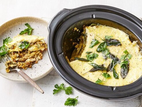 Vegetarian slow cooker pumpkin and spinach lasagne.