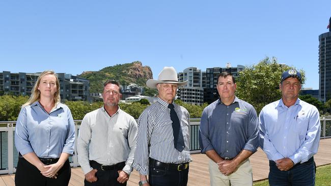 Leah Russo from Canegrowers Herbert River, KAP Member for Hinchinbrook Nick Dametto, Federal Member for Kennedy Bob Katter, Christian Lago from Queensland Cane Agriculture and Renewables and North regional director of AgForce Michael Penna speak to the media in their appeal to the Prime Minister for Category D disaster grants to be given to flood-affected farmers. Picture: Shae Beplate.