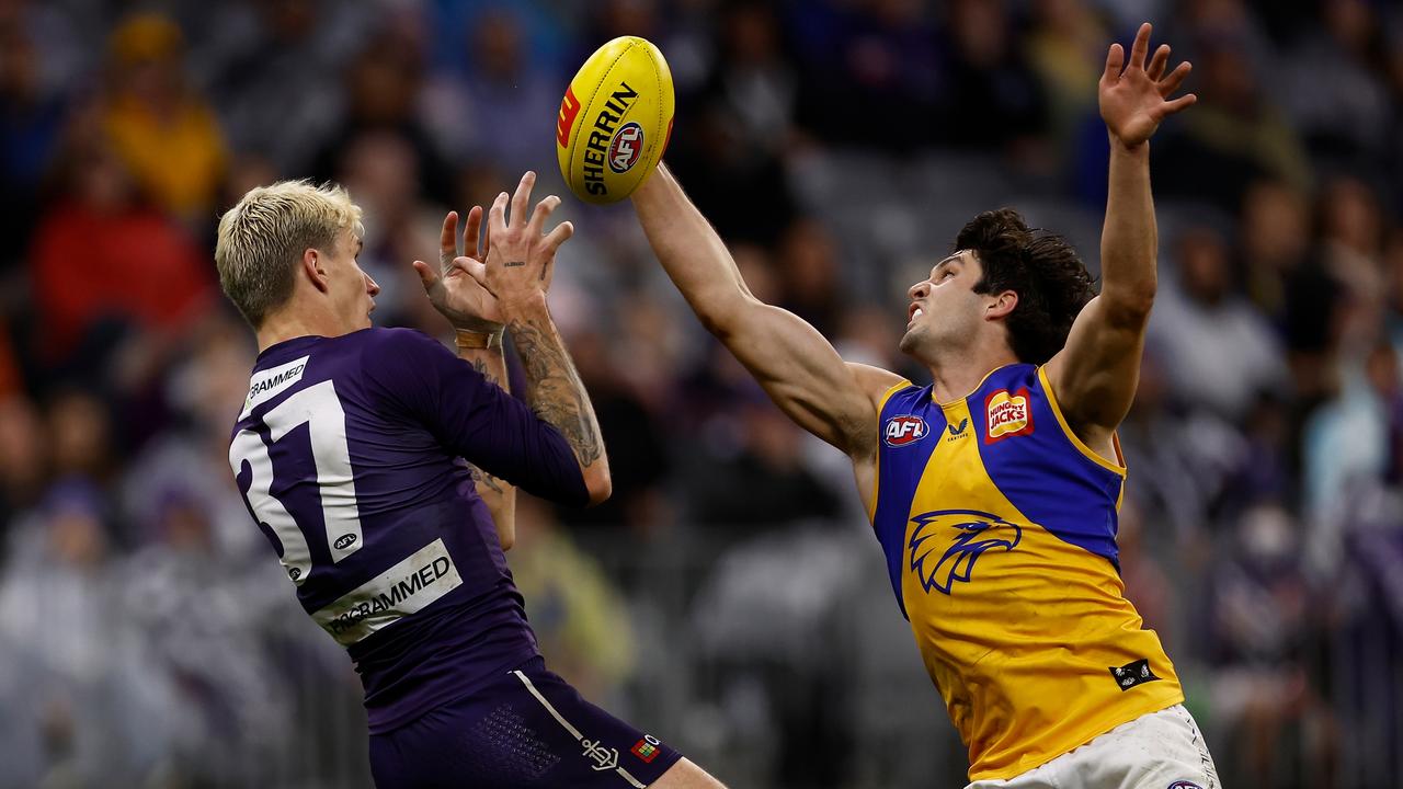 Tom Barrass dominated Rory Lobb in the Eagles clash with the Dockers, as he has done with most opponents this season. Picture: Getty Images