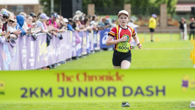 Eden Broksch is the first female to finish the 2km race of the Toowoomba Marathon event, Sunday, May 5, 2024. Picture: Kevin Farmer