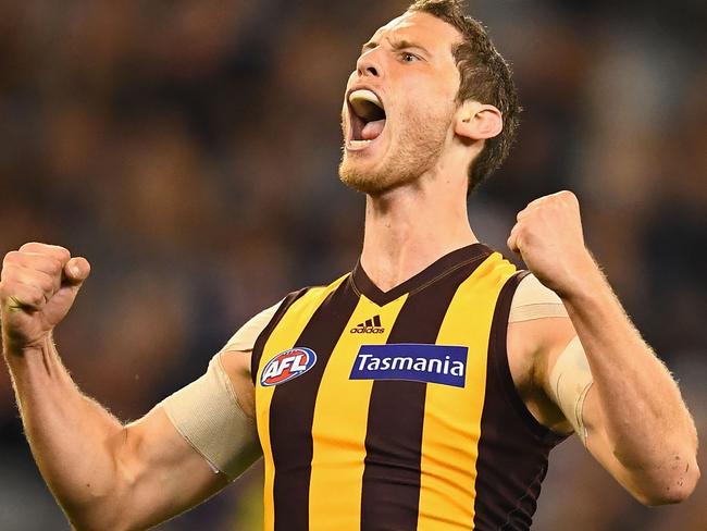 MELBOURNE, AUSTRALIA - MAY 20:  Ty Vickery of the Hawks celebrates kicking a goal during the round nine AFL match between the Collingwood Magpies and the Hawthorn Hawks at Melbourne Cricket Ground on May 20, 2017 in Melbourne, Australia.  (Photo by Quinn Rooney/Getty Images)