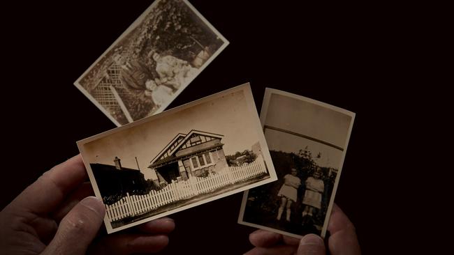 Graeme Hugo’s family photographs including the Ashbury house. Picture: Nick Cubbin