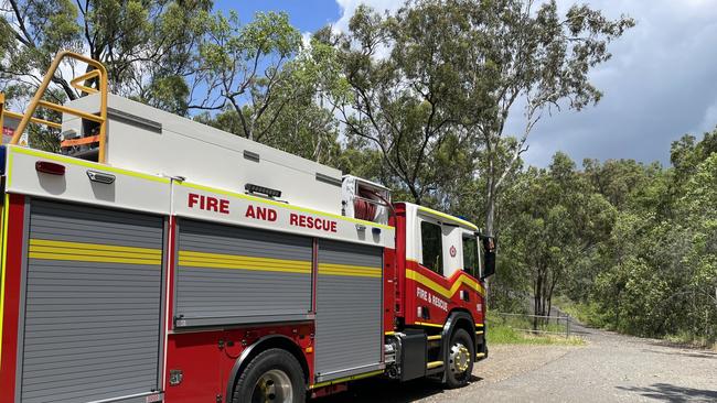 A Queensland Fire Department truck parked at Rogar Avenue in North Rockhampton where ambulance paramedics have gained access to the First Turkey mountain bike trails to reach an injured rider.