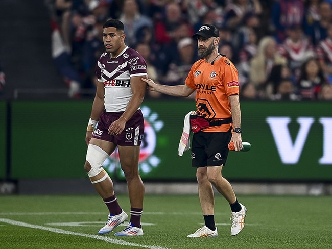 Manly lost Tolutau Koula after the first tackle of the game, after a collision with Jared Waerea-Hargreaves. Picture: NRL Photos