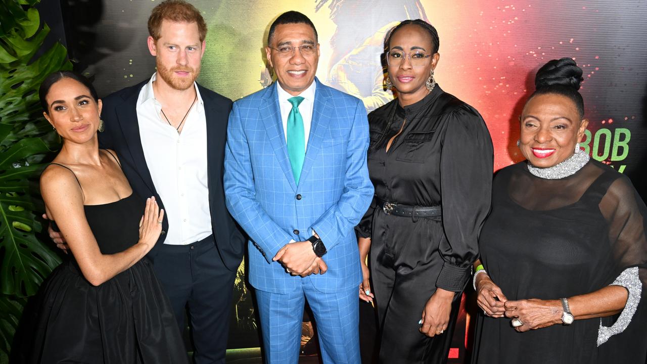 Meghan, Prince Harry, Andrew Holness, Juliet Holness and Olivia Grange. Picture: Jason Koerner/Getty Images for Paramount Pictures