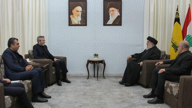 Hezbollah Chief Hassan Nasrallah (2R) meets Iran’s acting Foreign Affairs Minister Ali Bagheri (2L) and a delegation in Lebanon. Picture: AFP.