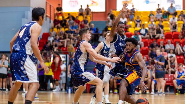 Jerron Jamerson is under pressure. Darwin Basketball Men's Championship Round 20: Ansett v Tracy Village Jets. Picture: Che Chorley