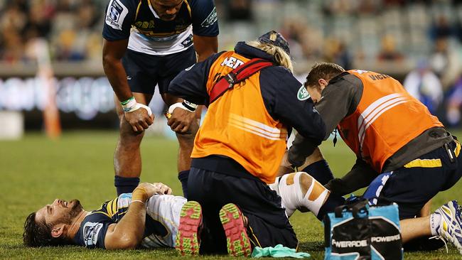 CANBERRA, AUSTRALIA - MAY 29: Sam Carter of the Brumbies is injured during the round 16 Super Rugby match between the Brumbies and the Bulls at GIO Stadium on May 29, 2015 in Canberra, Australia. (Photo by Stefan Postles/Getty Images)