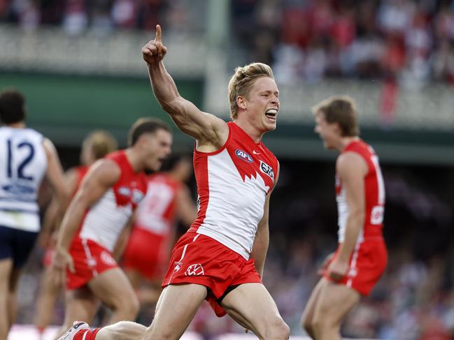 Sydney's Isaac Heeney celebrates kicking a goal during the Round 13 AFL match between the Sydney Swans and Geelong Cats at the SCG on June 9, 2024. Photo by Phil Hillyard (Image Supplied for Editorial Use only – **NO ON SALES** – Â©Phil Hillyard )