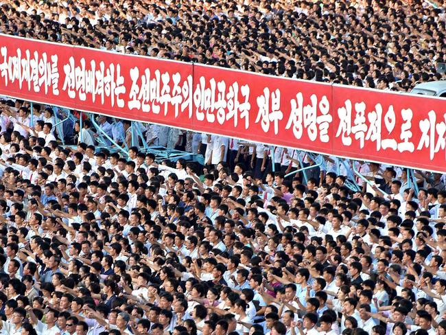 A rally in support of North Korea’s stance against the US takes place in Kim Il-sung square in Pyongyang. Picture: KCNA/AFP