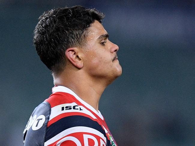 Latrell Mitchell of the Roosters reacts as he is sent to the sin bin during the Round 24 NRL match between the Sydney Roosters and the Brisbane Broncos at Allianz Stadium in Sydney, Saturday, August 25, 2018. (AAP Image/Dan Himbrechts) NO ARCHIVING, EDITORIAL USE ONLY