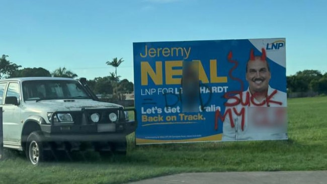 Around half-a-dozen of LNP candidate for Leichhardt Jeremy Neal's signs have been vandalised with party members accusing Labor supporters of destroying the campaign material. Picture: Supplied