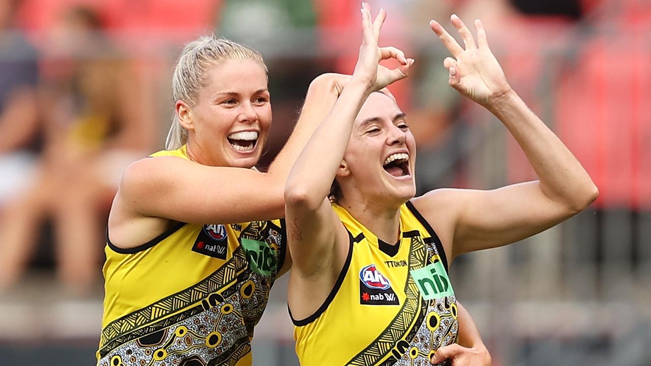 Tigers Katie Brennan and Tessa Lavey celebrate a goal on Saturday. Picture: Mark Kolbe/Getty Images