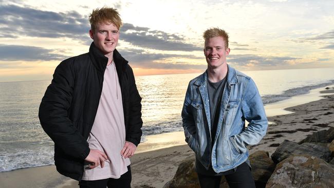 SANFL players, twins Mark (left, South Adelaide) and John Noble (West Adelaide), nominated for the AFL mid-season draft, with John joining Collingwood. Picture: Keryn Stevens