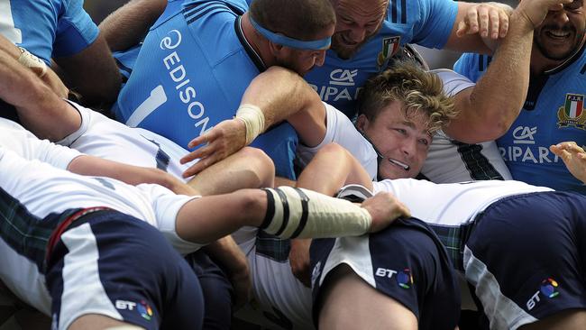 Scotland No 8 David Denton is trapped in a maul during the 2015 Rugby World Cup warm-up match.