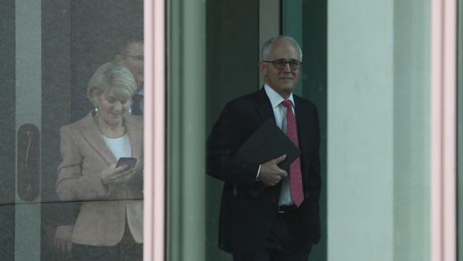 Malcolm Turnbull walking to the party room meeting at Parliament House in Canberra today. Picture: Kym Smith