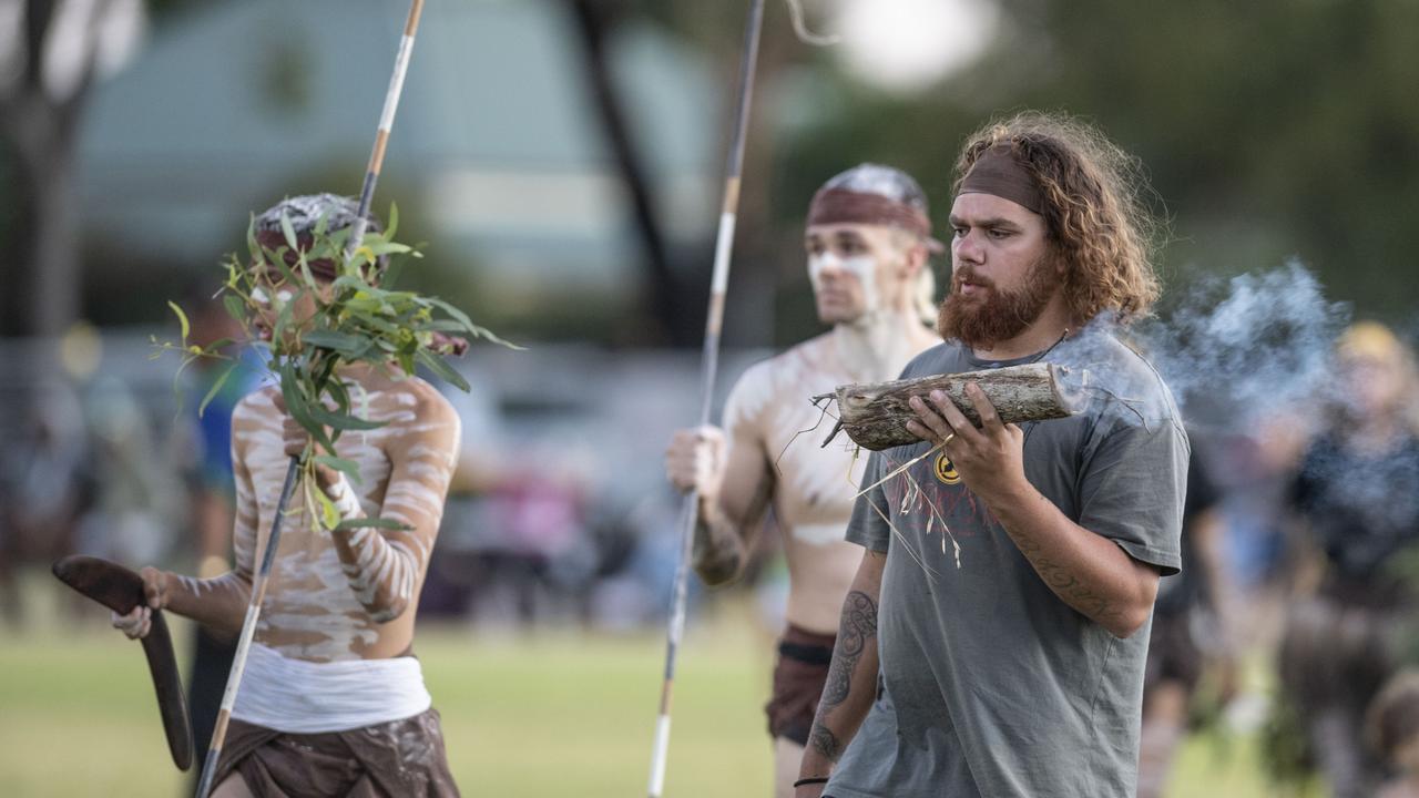 Thira Mayinj takes part in the smoking ceremony and dance by Murabirigururu Aboriginal Dancers. 2023 TRL Cultural Cup, SW Qld Emus vs Pacific Nations Toowoomba. Saturday, February 25, 2023. Picture: Nev Madsen.