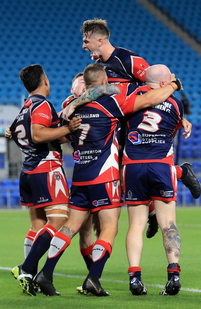 17th October 2020, Runaway Bay celebrates winning the Gold Coast Rugby League A-Grade Grand Final against the Burleigh Bears played at CBus Stadium Photo: Scott Powick Newscorp