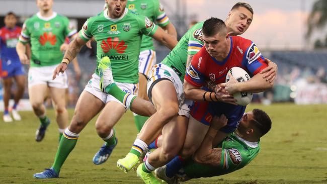 Bradman Best scores a try for the Knights against Canberra in Campbelltown last weekend. Picture: Getty Images