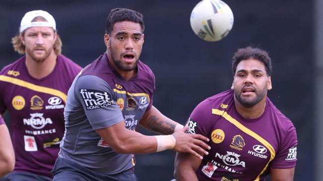 Joe Ofahengaue and Sam Thaiday during Brisbane Broncos training. Picture: Darren England