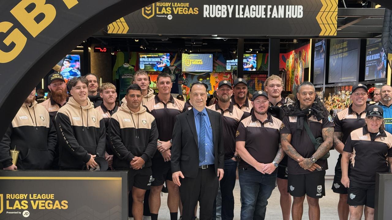 ARL Commission Chairman Peter V'Landys with the Brisbane Veterans Jackals at the NRL fan hub in Las Vegas