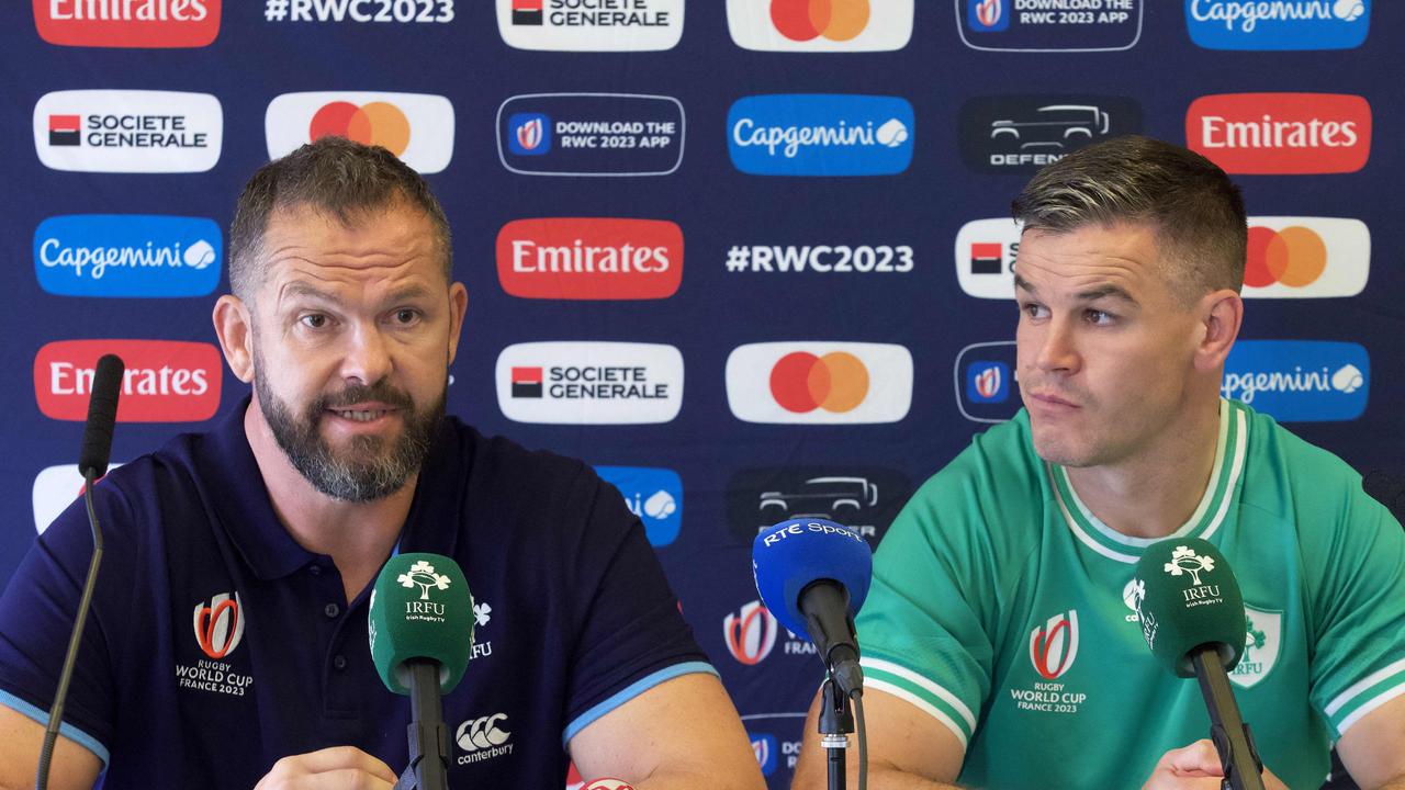 Ireland, led by head coach Andy Farrell (left) and fly-half Jonathan Sexton, are among the favourites to win a first Rugby World Cup. (Photo by GUILLAUME SOUVANT / AFP)