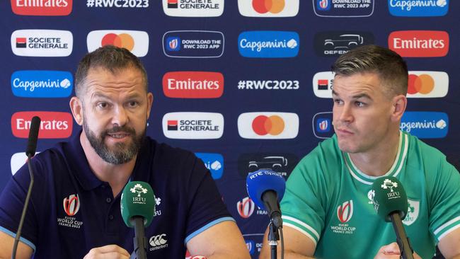 Ireland, led by head coach Andy Farrell (left) and fly-half Jonathan Sexton, are among the favourites to win a first Rugby World Cup. (Photo by GUILLAUME SOUVANT / AFP)