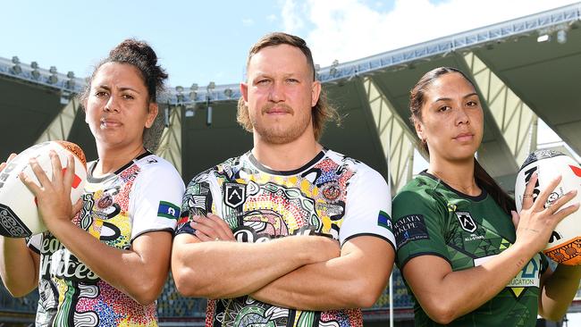 Indigenous All Stars Tallisha Harden and Reuben Cotter with Maori All Stars player Shannon Mato at Queensland Country Bank Stadium in Townsville promoting the 2024 All Stars game. Picture: Shae Beplate.