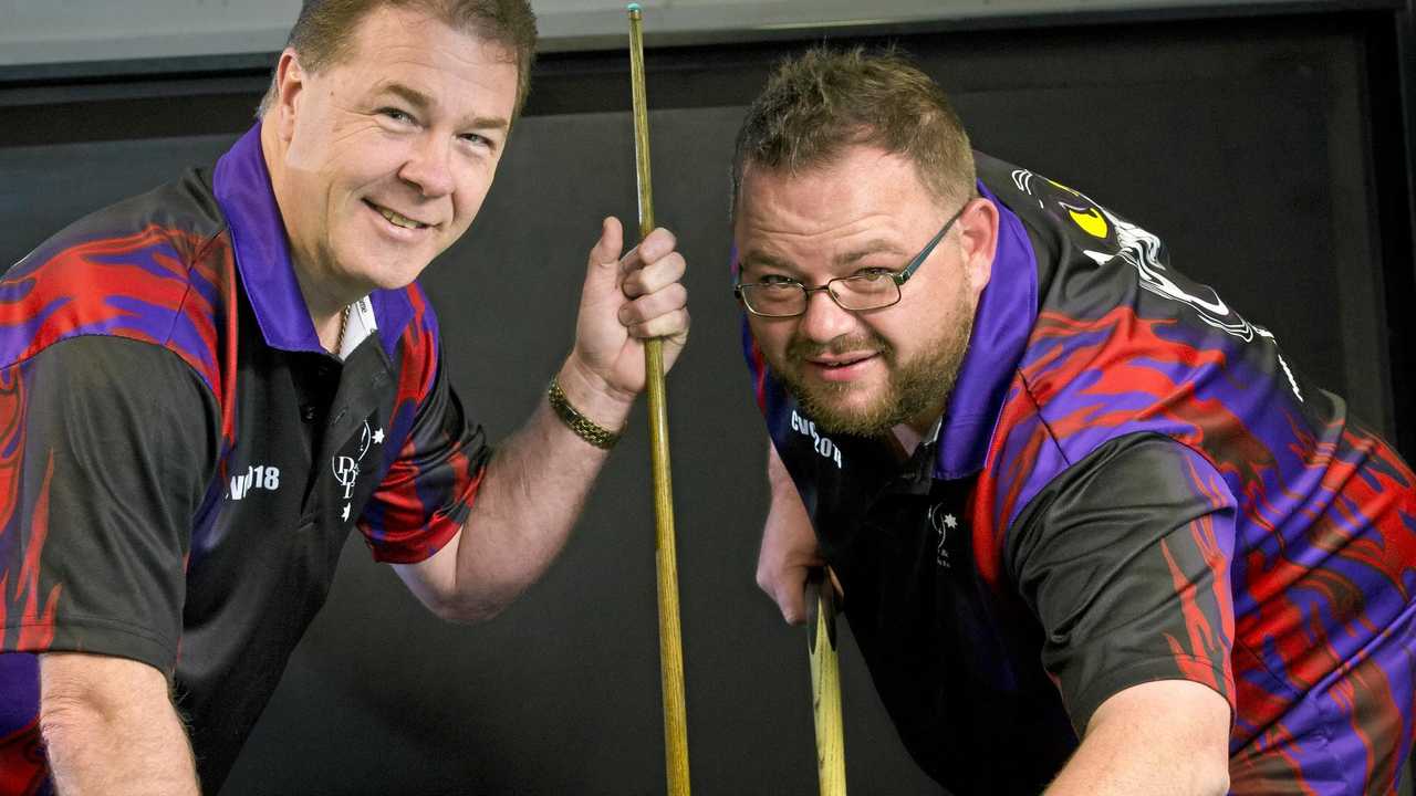 STATE DUTIES: Competitive eight-ball players Chris Davison (left) and Chris Sourris will represent Queensland at the Australian Eight-Ball Championships next month. Picture: Kevin Farmer