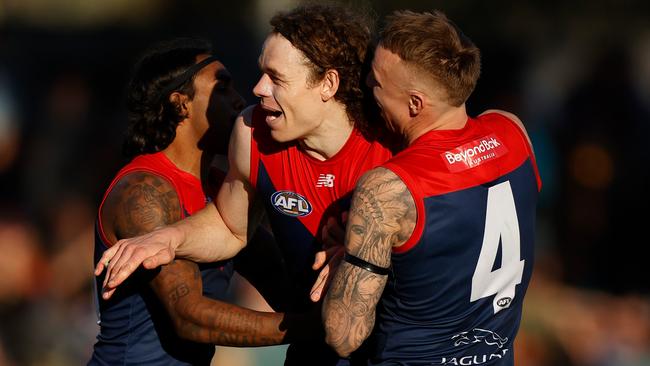 Melbourne players celebrate after a goal in last year’s Alice Springs clash. Picture: Getty Images