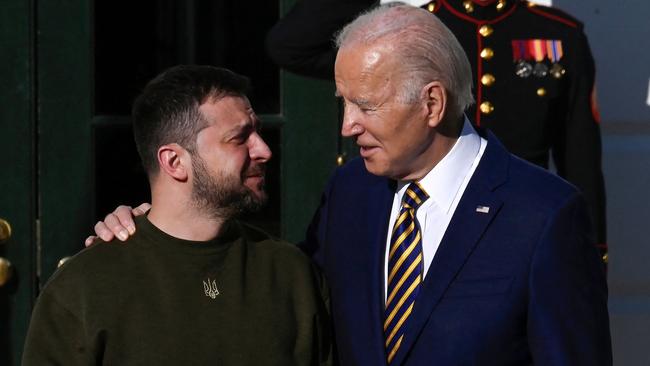 US President Joe Biden welcomes Ukraine’s President Volodymyr Zelensky on the South Lawn of the White House on December 21.