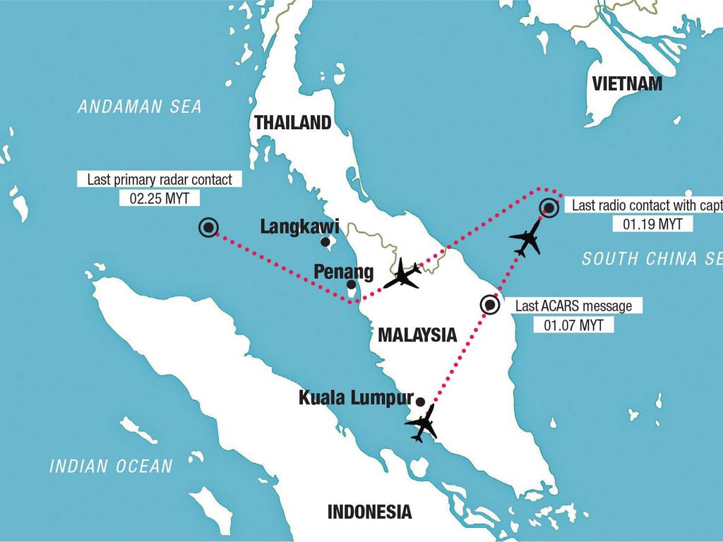 The confirmed track of Flight MH370 as recorded by military and civilian radars before it disappeared.