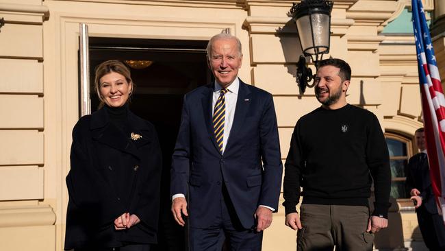 US President Joe Biden meets with Ukrainian President Volodymyr Zelenskyy and his wife Olena Zelenska at Mariinsky Palace. Picture: AFP