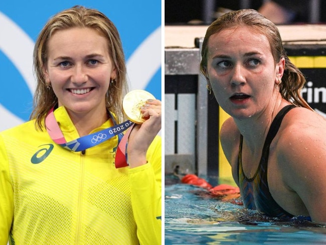 Ariarne Titmus in mixed moments from the pool. Photos: Getty Images/AFP