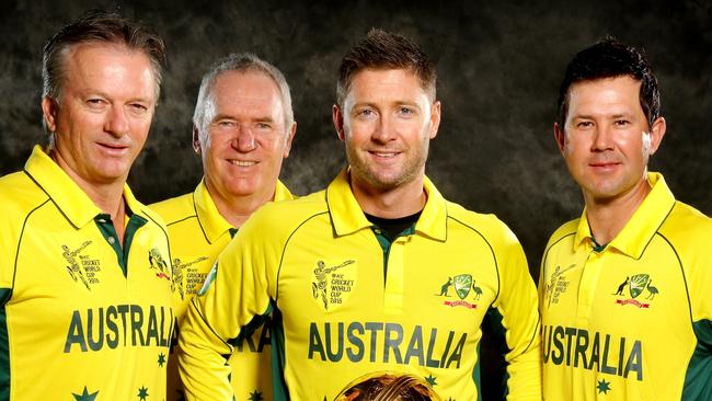 FOR USE IN SUNDAY PAPERS FEB 8th 2015 .Australian World Cup Cricket Captains Steve Waugh , Allan Border, Michael Clarke and Ricky Ponting .Picture Gregg Porteous