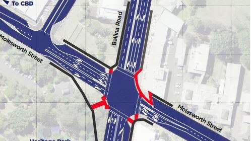 A map of the proposed safety improvements for the Bruxner Highway intersection with Molesworth Street at Lismore, drafted to ease congestion, reduce travel times, ensure safety for pedestrians and cyclists and complement future planning for the Bruxner Highway through Lismore.