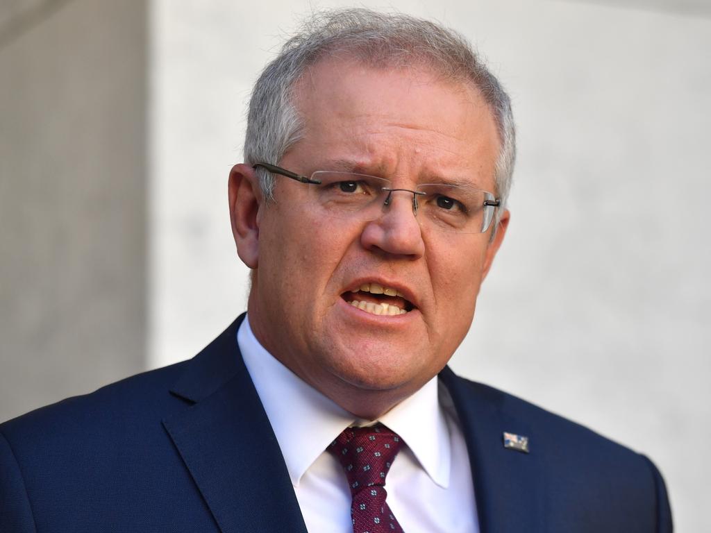 Prime Minister Scott Morrison guaranteed at a press conference today that the JobKeeper will remain in place until September – but did not specify whether fortnightly payments of $1500 would be reduced. Picture: Mick Tsikas/AAP