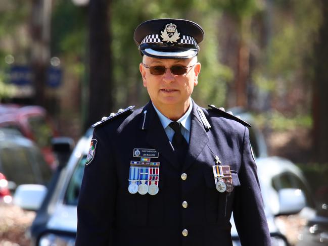 Mourners at the memorial service with full police honours for constables Rachel McCrow and Matthew Arnold at Brisbane Entertainment Centre. Picture: David Clark