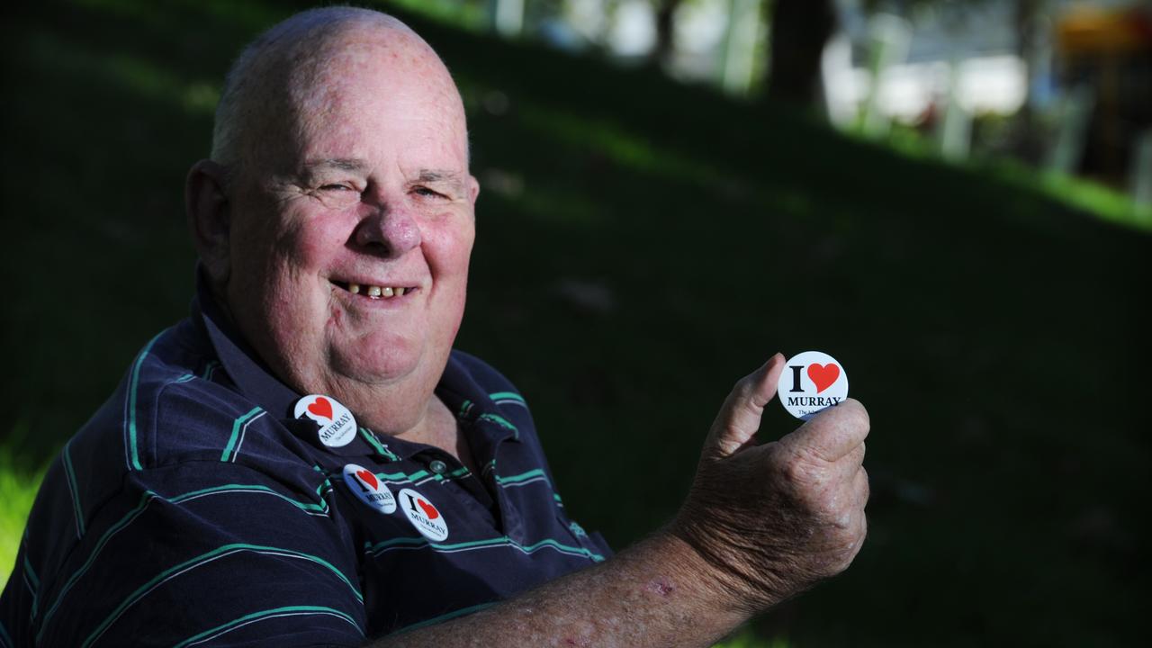 Writer's Week. Poet Les Murray with The Advertiser's ''I Love Murray'' badges.