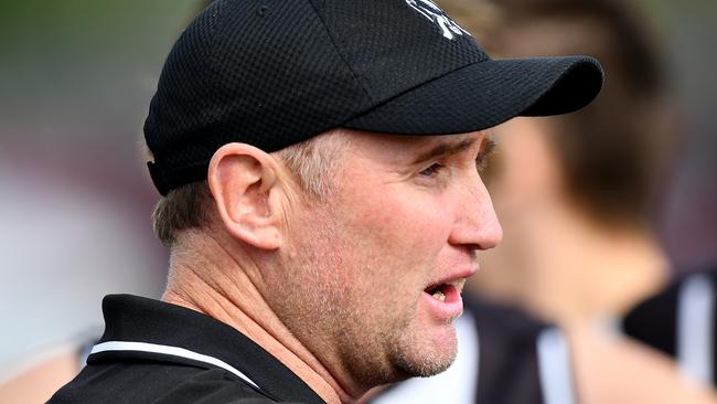 Wallan Head Coach Daniel Nolan speaks to his players during the round two RDFNL Bendigo Bank Seniors match between Diggers Rest and Wallan at Diggers Rest Recreation Reserve, on April 13,2024, in Diggers Rest, Australia. (Photo by Josh Chadwick)