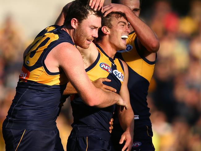 PERTH, AUSTRALIA - JULY 30: Luke Partington of the Eagles celebrates his first goal during the round 19 AFL match between the West Coast Eagles and the Brisbane Lions at Domain Stadium on July 30, 2017 in Perth, Australia.  (Photo by Paul Kane/Getty Images)