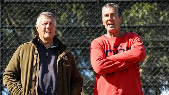 Graeme Allan and Stephen Silvagni from St Kilda watching Tom De Koning. Picture: Ian Currie