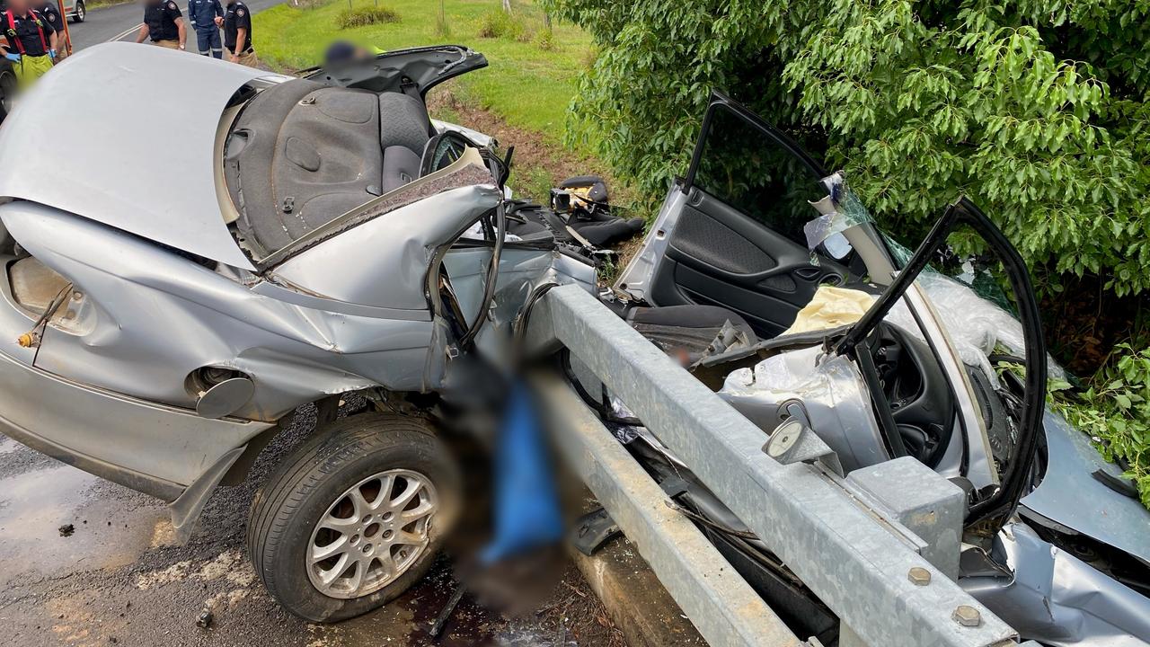 Knox’s sedan was left bearing down towards the ground below while firefighters worked to free him. Photo: Sunshine Coast RACQ LifeFlight