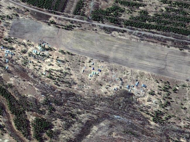 This Maxar satellite shows ground forces field deployments in Teshkov, Belarus, north of the border with Ukraine. Picture: AFP