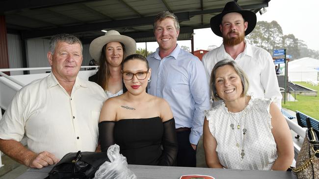 The Ladbrokes 2024 Moe Cup is held at Moe Horse Racing Club, Moe Victoria, Friday 18th October 2024. Racegoers Leo Masterson, Charley Beecroft, Cheyenne Cass, Sam Accardi, Maria Masterson, Jake Fielden enjoying the races.Picture: Andrew Batsch