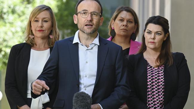 The Australian Greens, led by Adam Bandt, will discuss Julian Leeser’s amendment to the Indigenous voice in the party room this week. Picture: NCA NewsWire/Martin Ollman